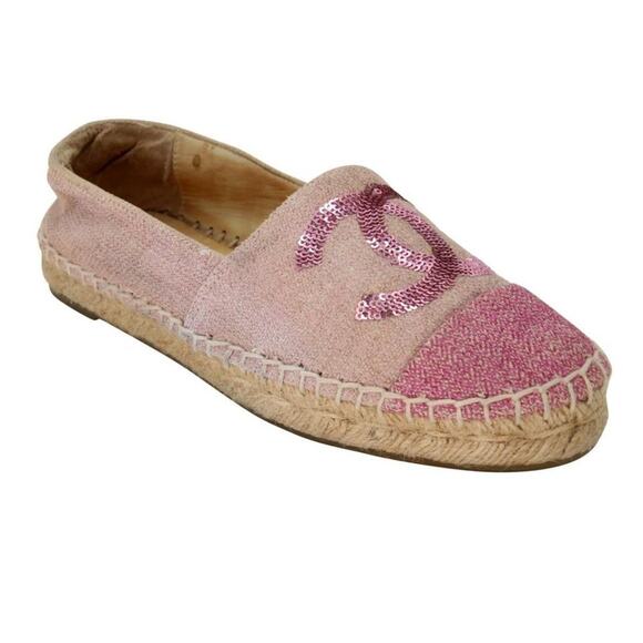 Chanel Espadrille 37 Leather Glitter Fabric Cc Cap Toe Flats CC-0220N-0040 - Picture 6 of 12